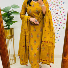 Yellow Printed Viscose Rayon Kurta Pant Dupatta Set for Women