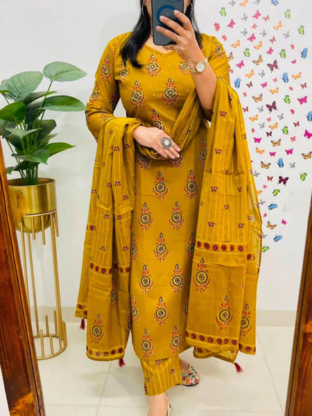 Yellow Printed Viscose Rayon Kurta Pant Dupatta Set for Women