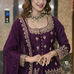 Stylish Embroidered Kurta Set with Dupatta (Wine)