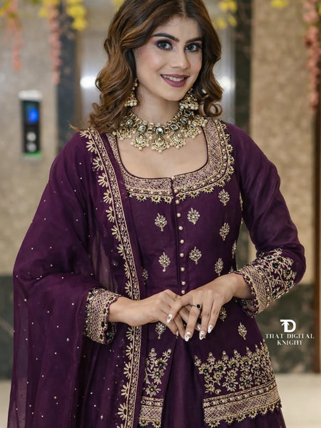 Stylish Embroidered Kurta Set with Dupatta (Wine)