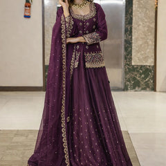 Stylish Embroidered Kurta Set with Dupatta (Wine)