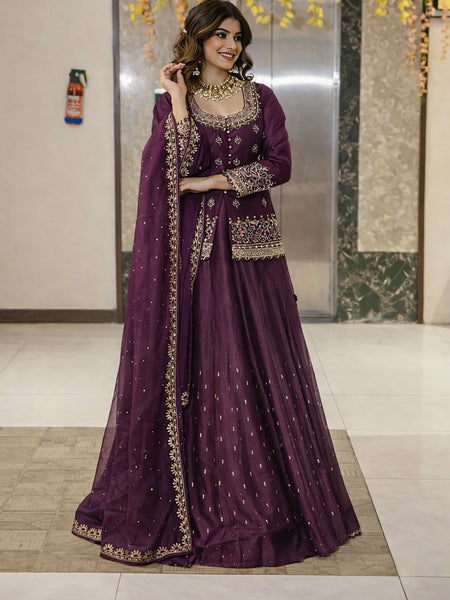 Stylish Embroidered Kurta Set with Dupatta (Wine)