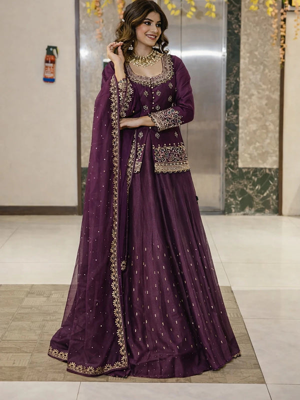 Stylish Embroidered Kurta Set with Dupatta (Wine)
