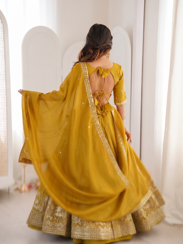 Embroidered Semi Stitched Lehenga Choli (Yellow)