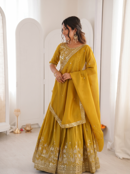 Embroidered Semi Stitched Lehenga Choli (Yellow)