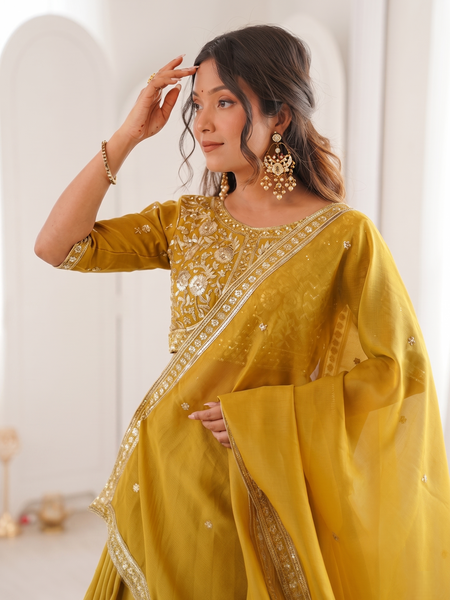 Embroidered Semi Stitched Lehenga Choli (Yellow)